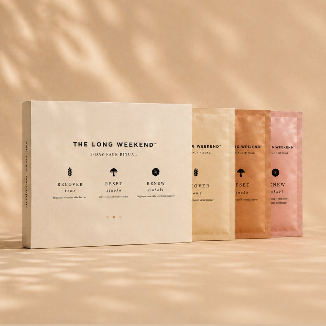 Three skincare mask packages with 'The Long Weekend' packaging.